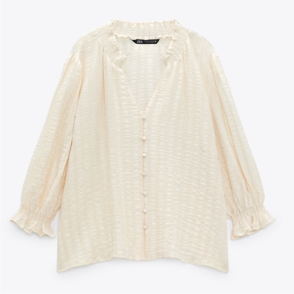 Zara V-Neck Peasant Blouse Button Front Top Rustic NWOT